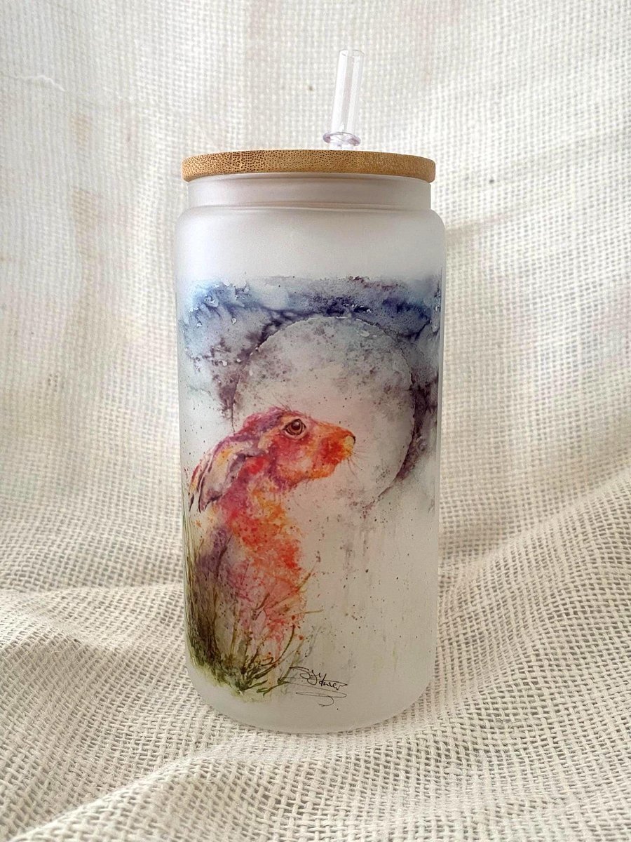 Moon Gazing Hare Frosted Glass Tumbler with Bamboo Lid & Straw, 500ml 