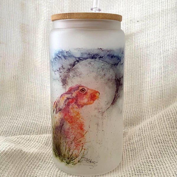 Moon Gazing Hare Frosted Glass Tumbler with Bamboo Lid & Straw, 500ml 