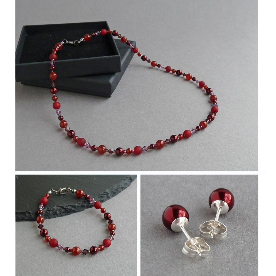 Burgundy Pearl and Crystal Jewellery Set -Dark Red Necklace, Bracelet & Earrings