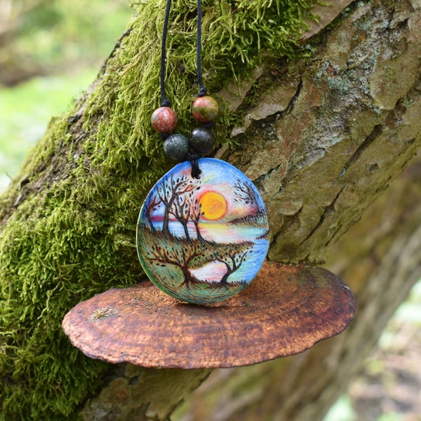 Sunset cove. Pyrography pendant. Rustic branch slice necklace. 