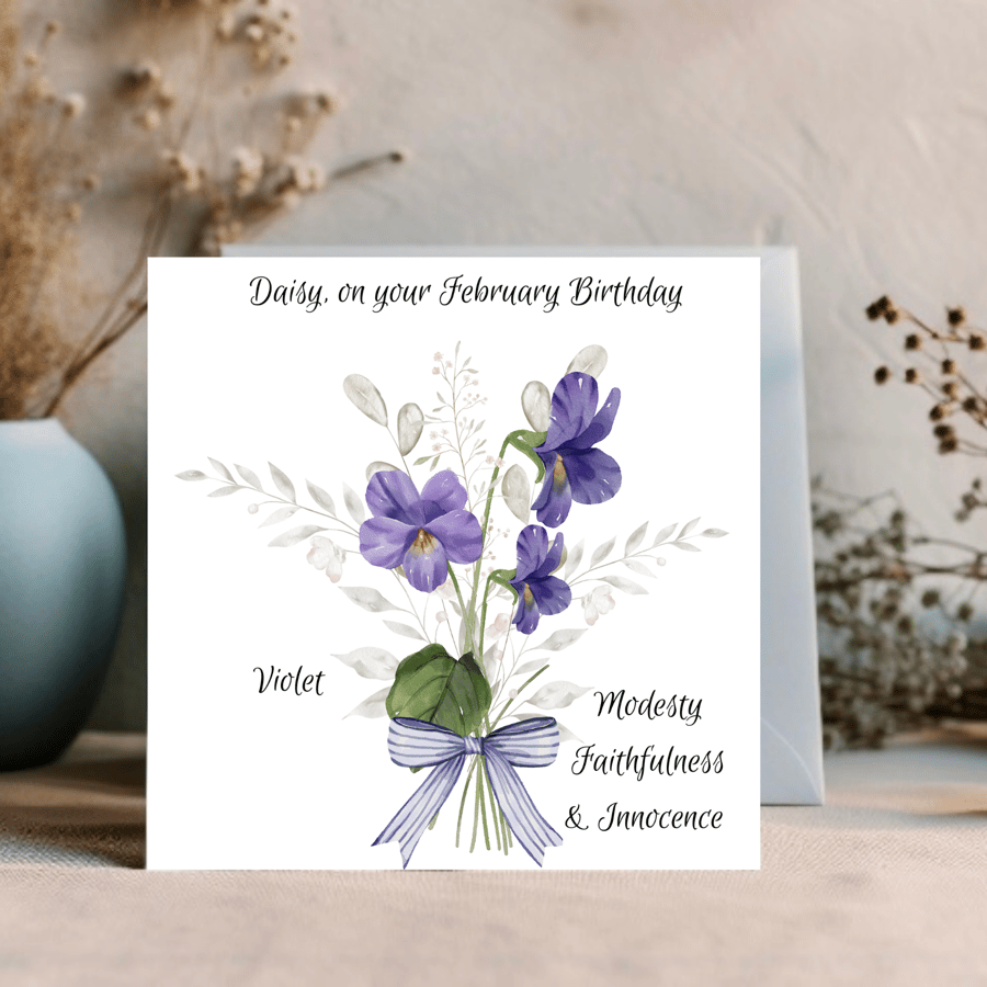 February Birthday Card, Personalised, Birth Flower Birthday Card, Violet