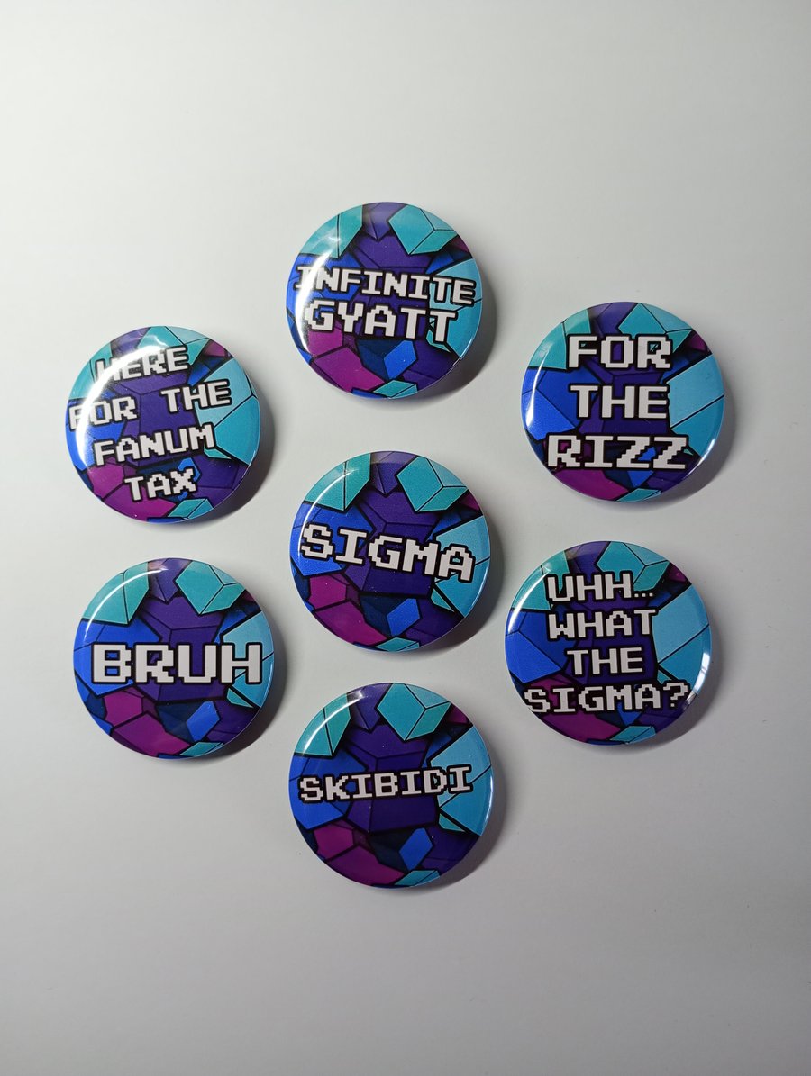 Meme inspired pin badge, skibidi, what the sigma, gyatt, rizz