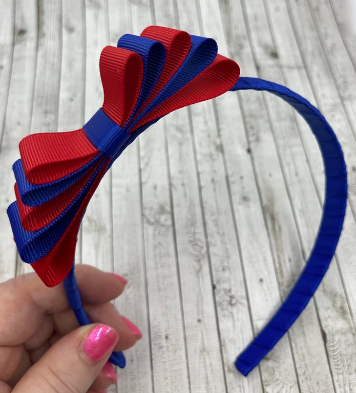Cobalt Hairband with 5 Layer Cobalt Blue and Red Two-tone Straight Bow
