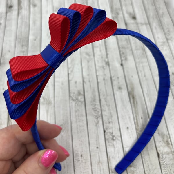 Cobalt Hairband with 5 Layer Cobalt Blue and Red Two-tone Straight Bow