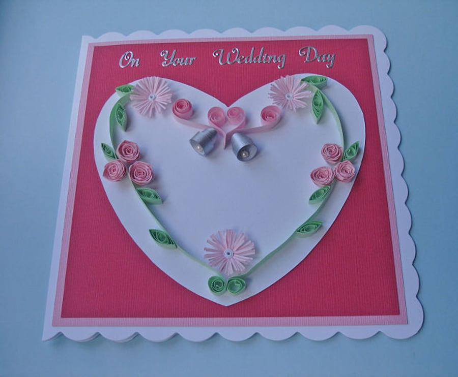 Quilled wedding day card - pink roses