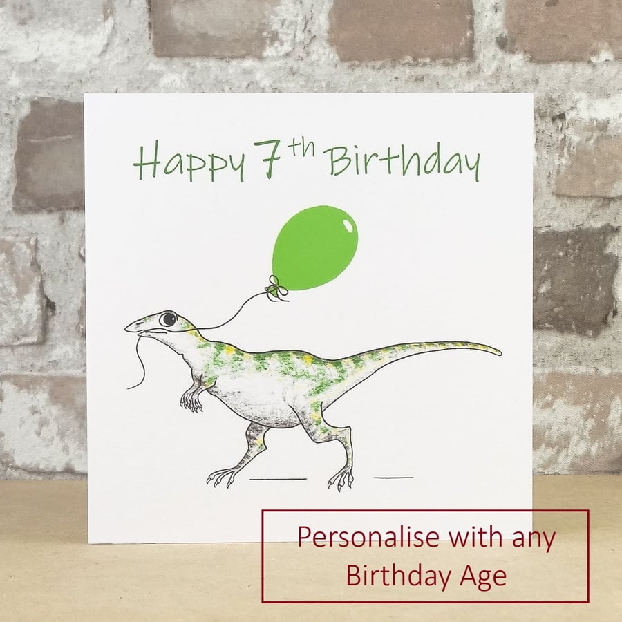 Birthday Card Dinosaur Balloon - Personalised with any Birthday age