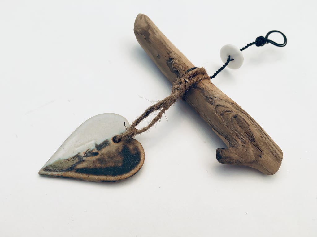 Shabby chic,Driftwood, Loveheart hanger, pottery, gift idea, birthday,home decor