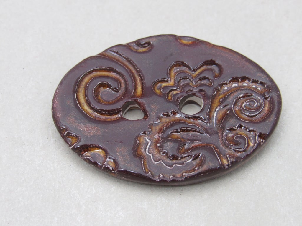 Large Dark Copper Brocade Oval Handmade Ceramic Button