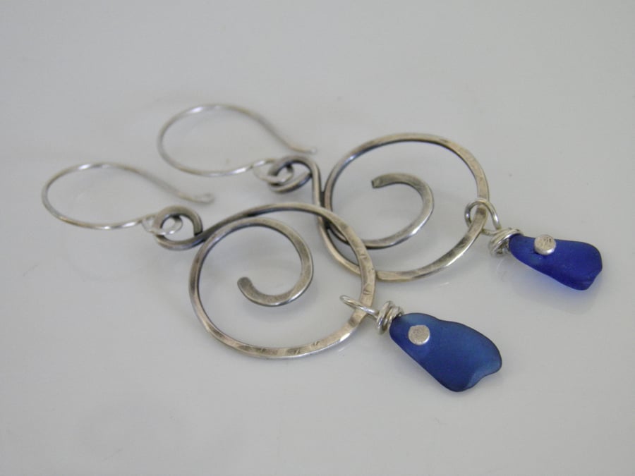 Silver Sea Glass Earrings in Blue