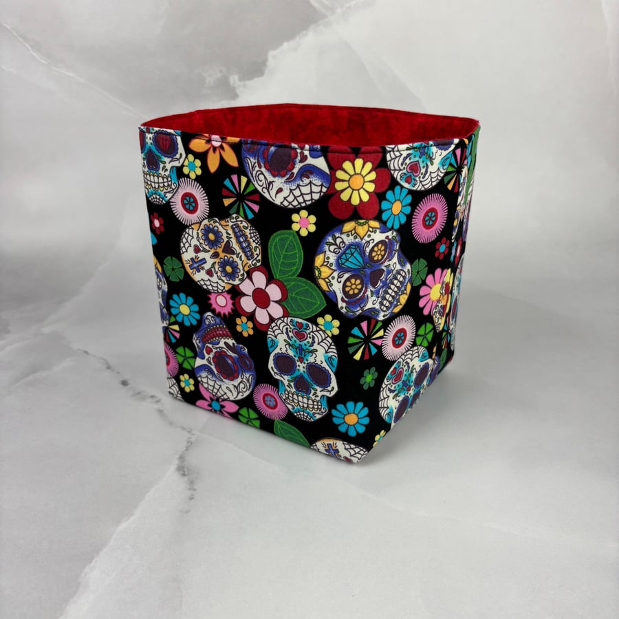 Candy Skulls fabric basket, Gothic storage bin, Handmade