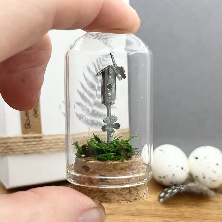 Handmade Sterling Silver Miniature Birdhouse Scene 2 Bell Jar Cloche