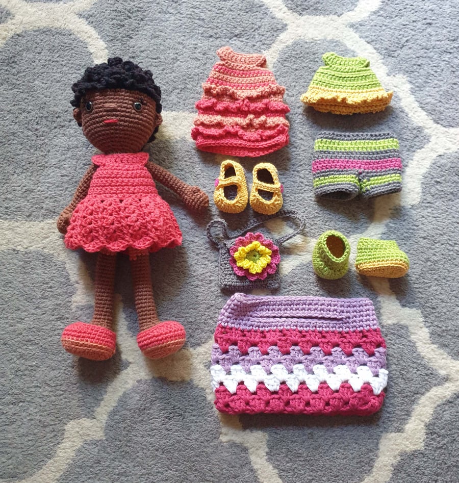 Crochet Doll with clothes and shoes for dressing up