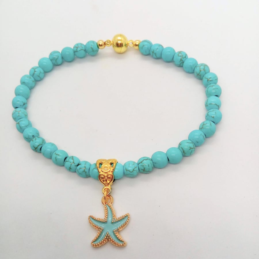 Pale Blue Enamelled  Charm on a Turquoise Beaded Bracelet, Gift for Her