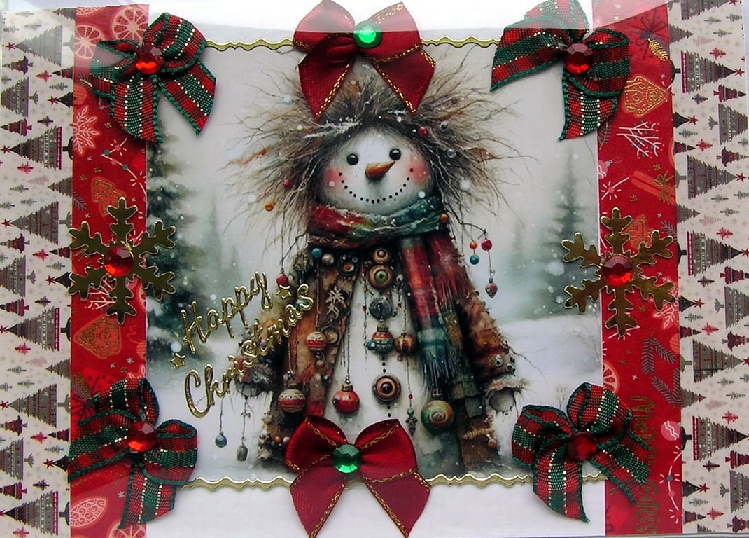 Hand Crafted Decoupage Chistmas Card - Happy Christmas (3365) Rustic Snowman
