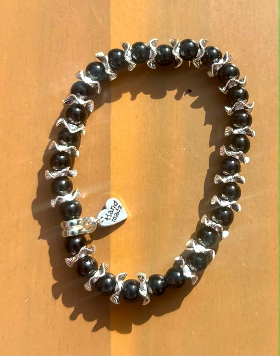 Handmade Black Beaded Bracelet with Sparkly Silver-Tone Spacers
