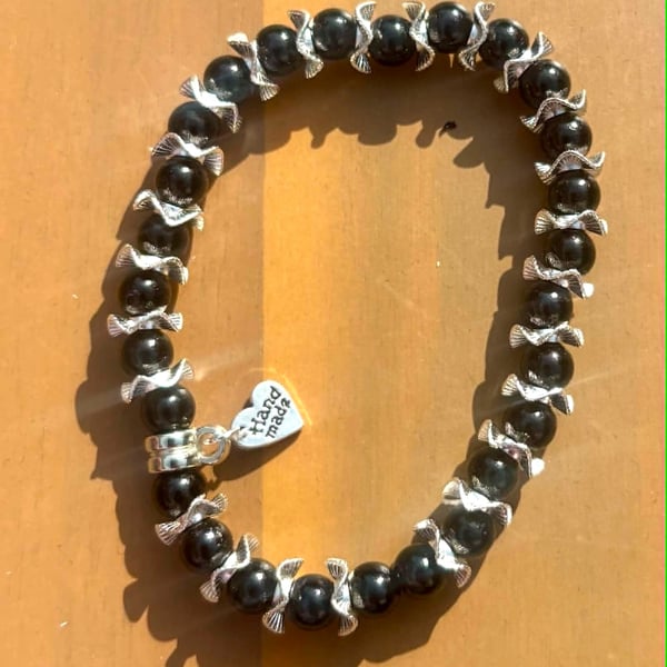 Handmade Black Beaded Bracelet with Sparkly Silver-Tone Spacers