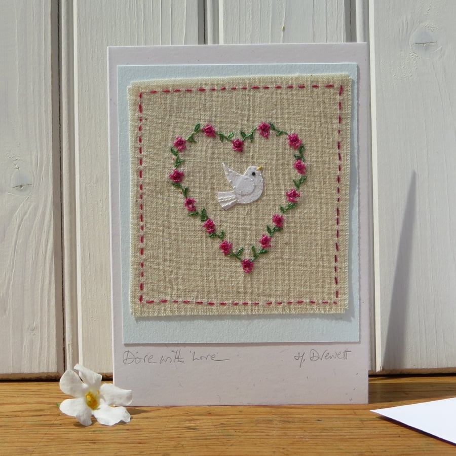 Dove with Love, hand-stitched, special little card to keep, for any occasion