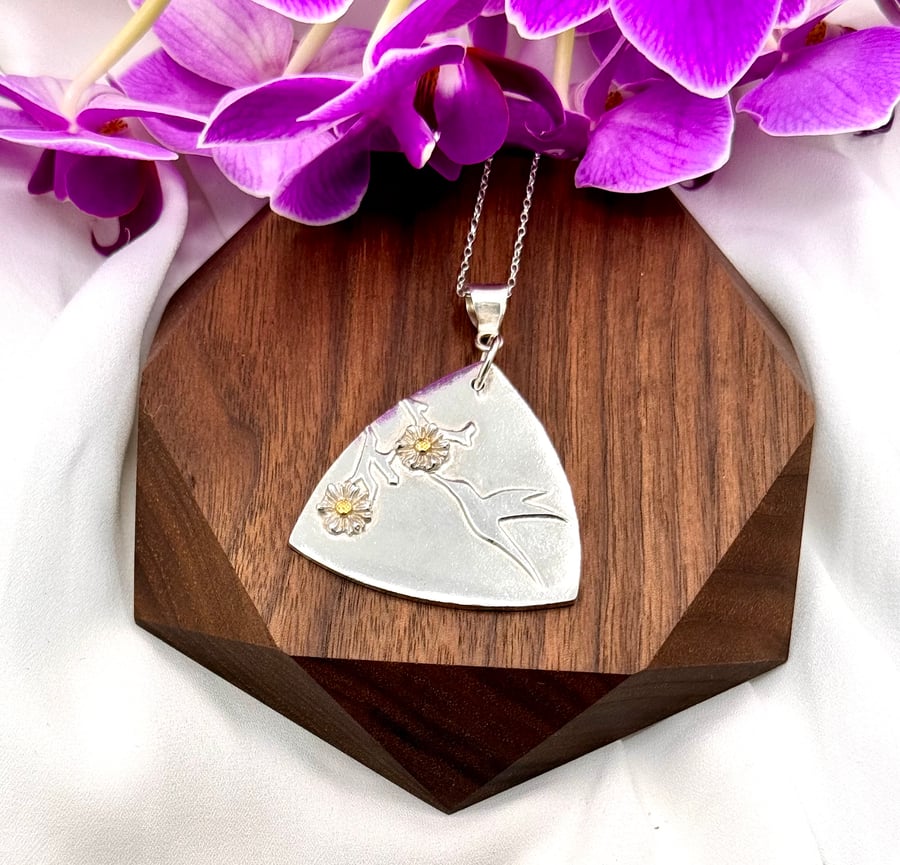 Silver and gold hummingbird necklace, Hallmarked, made in North Yorkshire