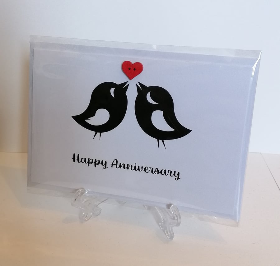 Happy Anniversary love birds with a red heart b... - Folksy