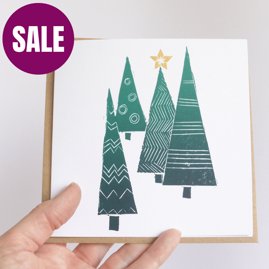Christmas trees Christmas card, handprinted from a linocut