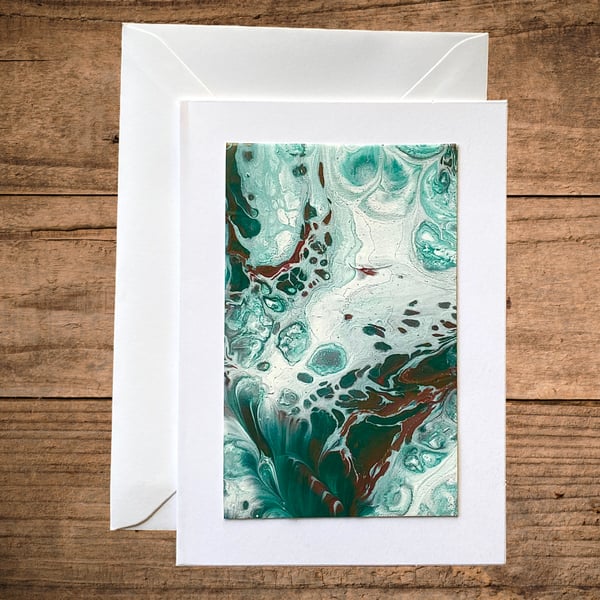 Original Fluid Art Card – One-of-a-Kind Teal & Copper Design