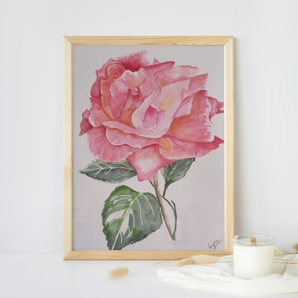 Pink Rose Watercolour Art Print – Limited Edition A4 Floral Wall Art