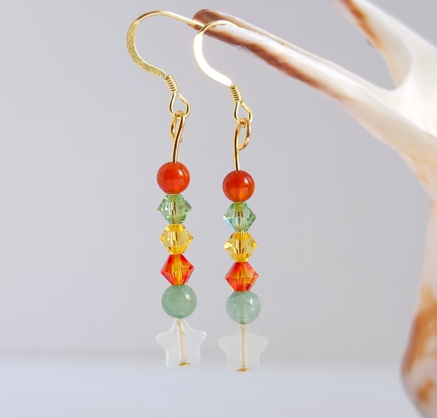Swarovski Crystals, Jade Star, Carnelian and Green Aventurine Earrings.