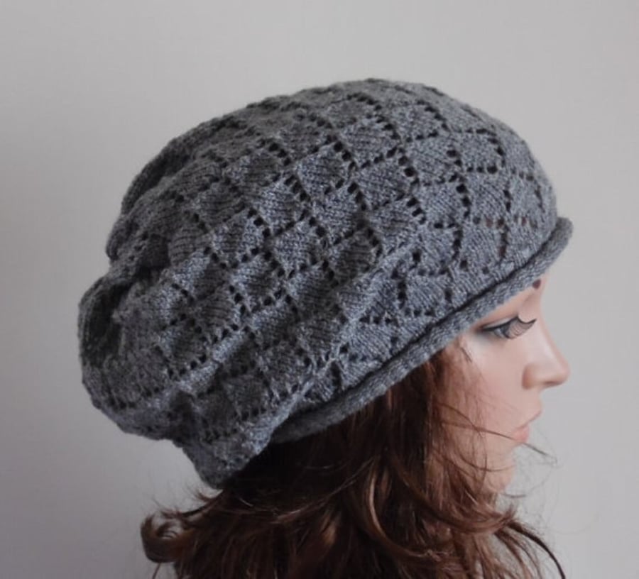 Handmade knitted grey lace beret, fall tam, slouchy beanie hat for women