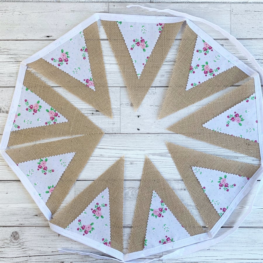 SOLD - Shabby Chic Hessian and Floral Print Fabric Bunting