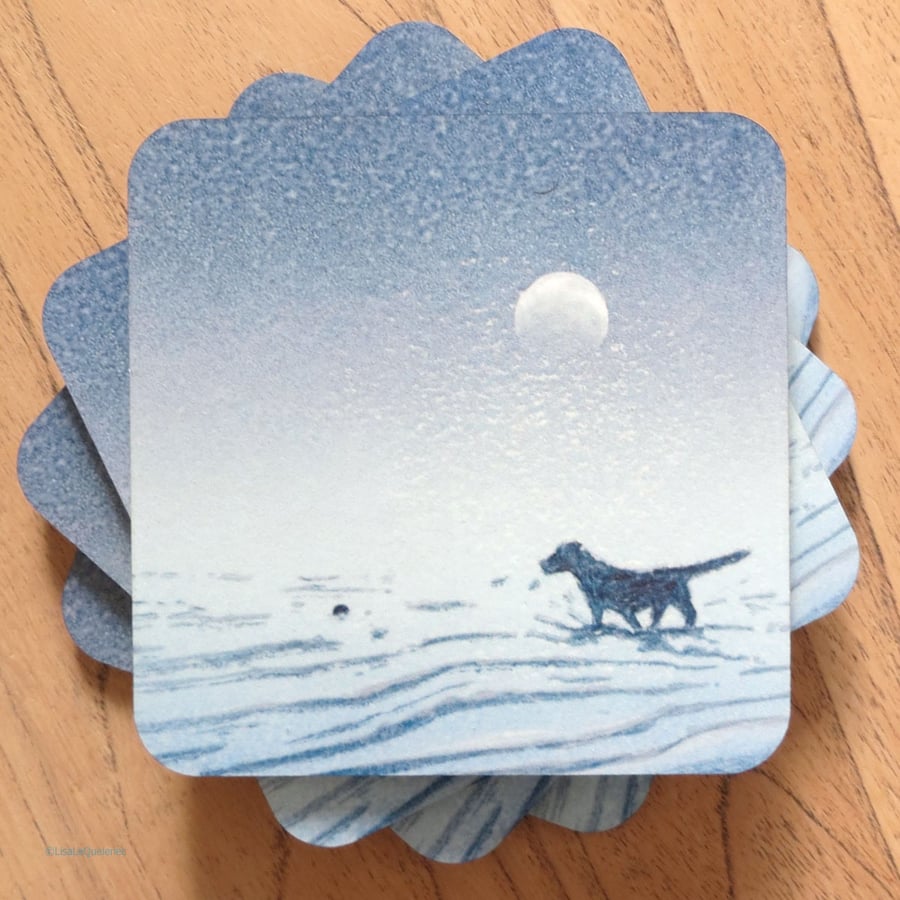 Moonlit dog walkies coaster gift for dog lover seaside memories