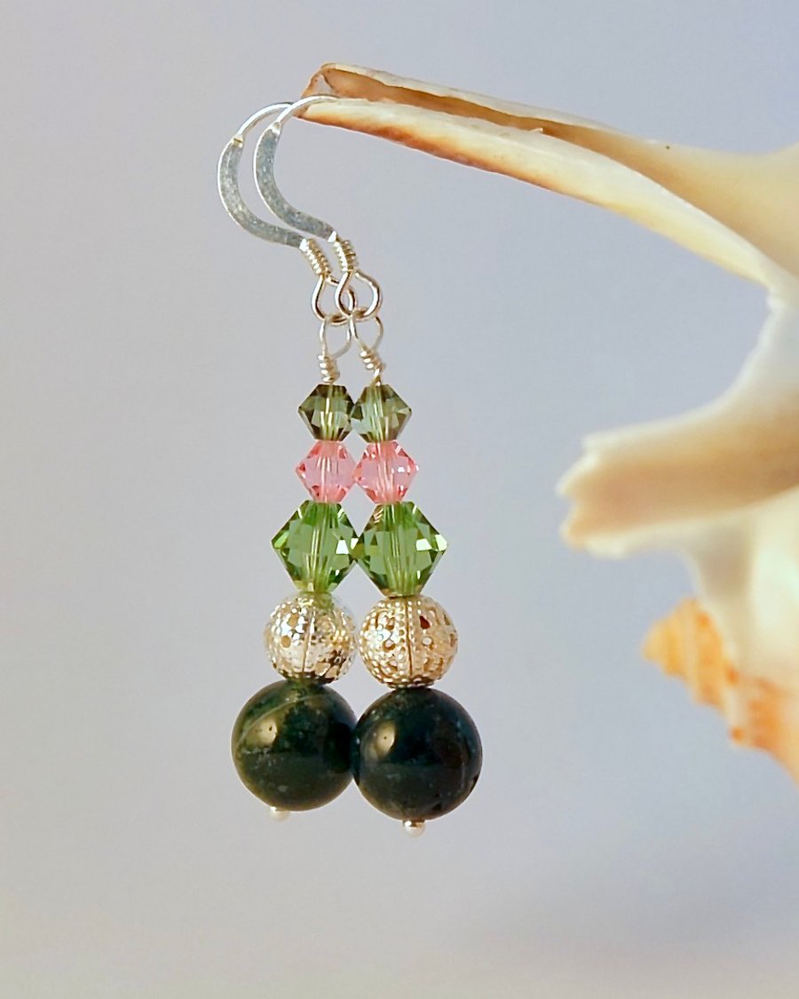 Moss Agate Earrings with Crystals, Birthday, Anniversary, Gifts For Her