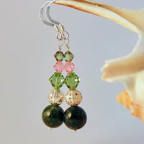 Moss Agate Earrings with Crystals, Birthday, Anniversary, Gifts For Her