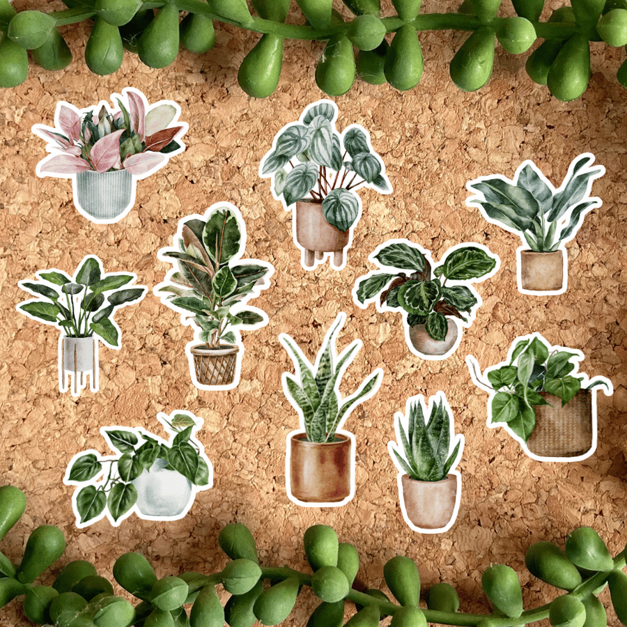 Set of 10 Illustrated Plants in Pots Glossy Stickers 