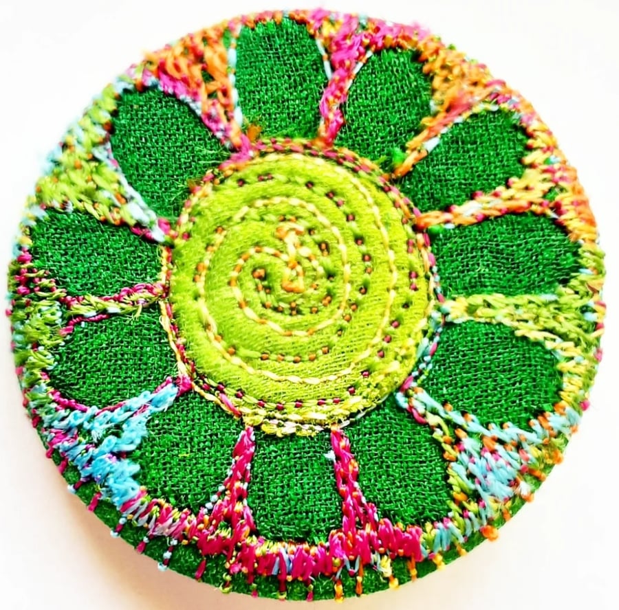 38mm Badge Hand Dyed Fabric Floral badge with Free Machine Embroidery 
