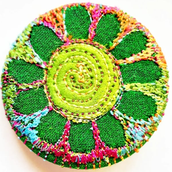 38mm Badge Hand Dyed Fabric Floral badge with Free Machine Embroidery 