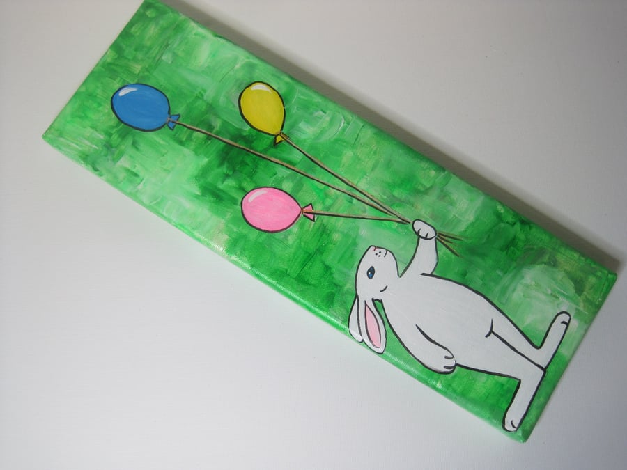 SALE Bunny Painting Original Art Rabbit with Balloons White Rabbit Picture