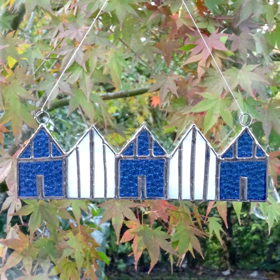Stained Glass Suncatcher Beach Huts - Blue and White