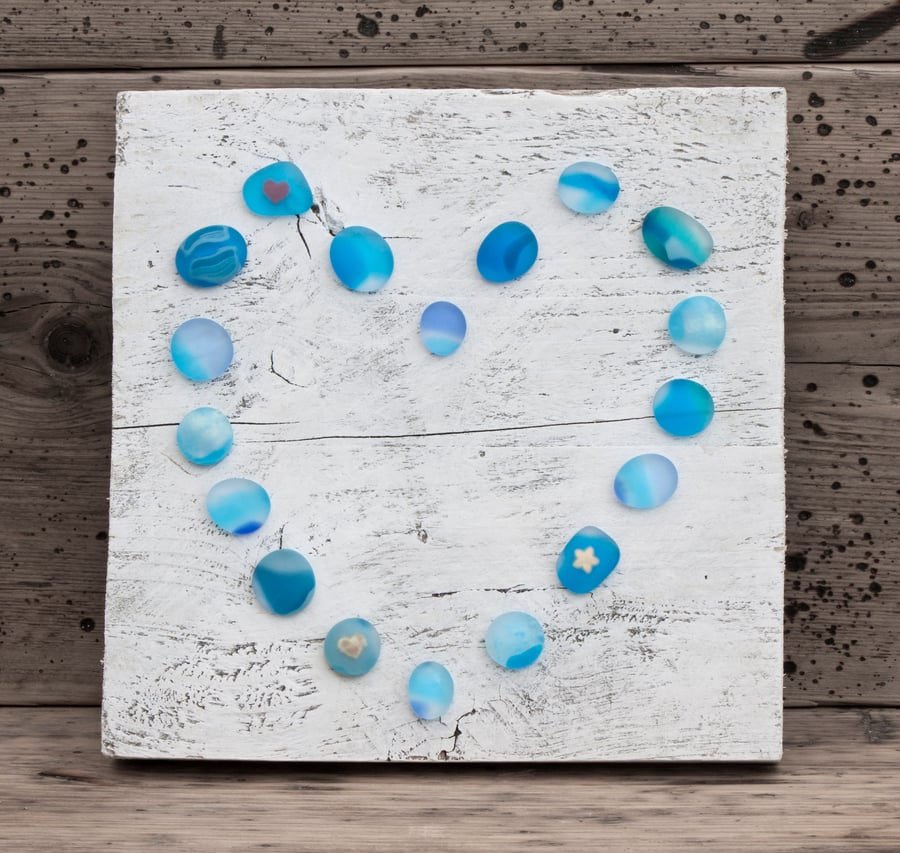 Sea Glass Effect Heart Picture on Reclaimed Wood - Turquoise