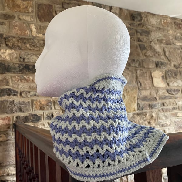 Women's cowl, snood crocheted in blue and green cotton