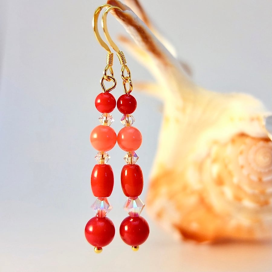 Coral And Swarovski Crystal Earrings - Handmade In Devon, Free UK Delivery.