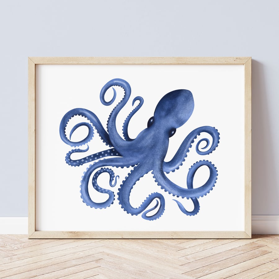 Blue Octopus Print, Coastal Wall Art