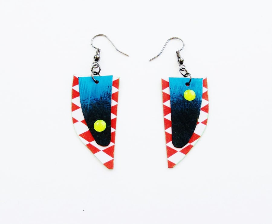 Statement Earrings Red White Blue Harlequin Check Large Lightweight Colourful