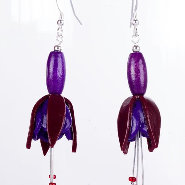 Fuchsia flower earring, crimson & purple