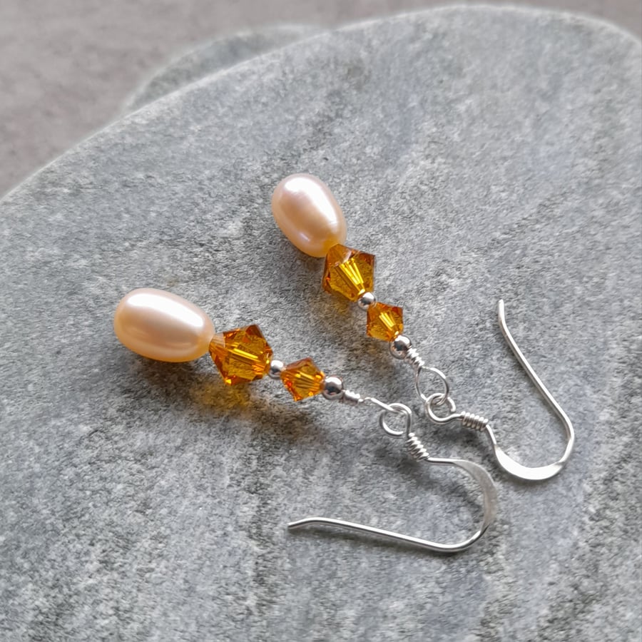 Peach Pearl Earrings With Crystals Sterling Silver
