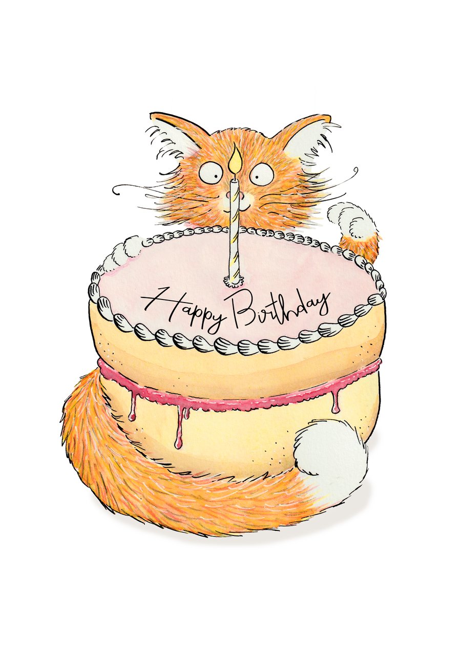 Happy Birthday Card with Cat and Cake