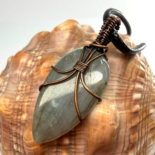 Love Tokens: Copper Wire Wrapped Labradorite Pendant On Waxed Cord Necklace