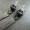 sterling silver, black lampwork and pewter charm earrings