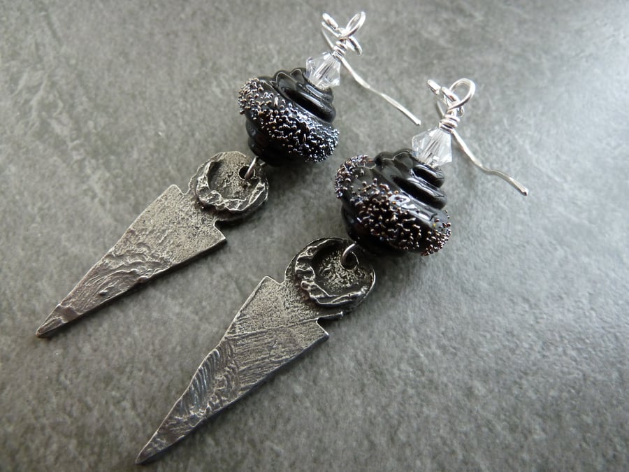 sterling silver, black lampwork and pewter charm earrings