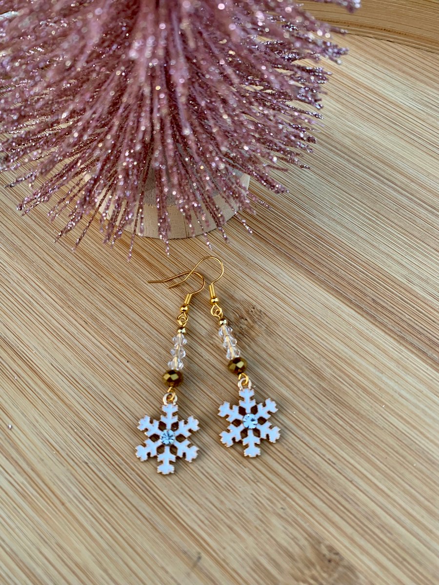 Snowflake and Crystal Gold Plated Dangle Earrings