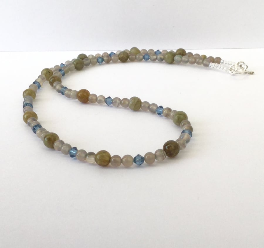 Labradorite and Agate Gemstone Necklace with Sterling Silver,